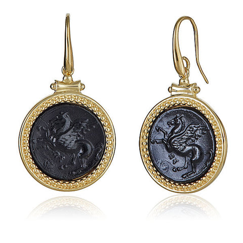 Aqua Blue Intaglio Pegasus 18k Yellow Vermeil Earrings