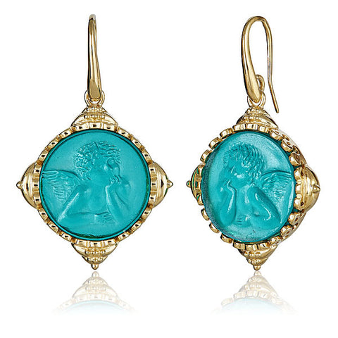 Aqua Blue Intaglio Pegasus 18k Yellow Vermeil Earrings