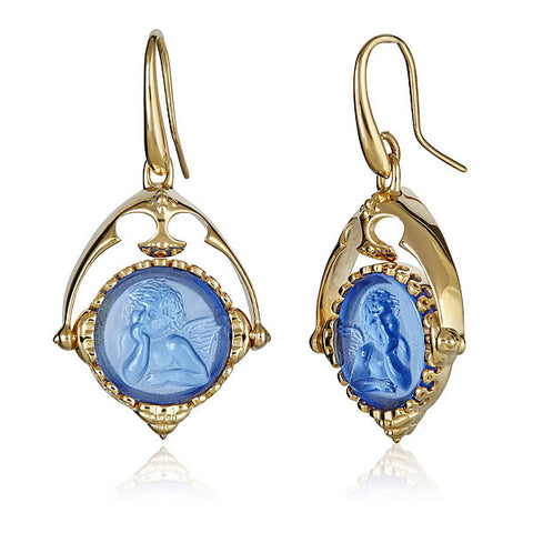 Aqua Blue Intaglio Pegasus 18k Yellow Vermeil Earrings